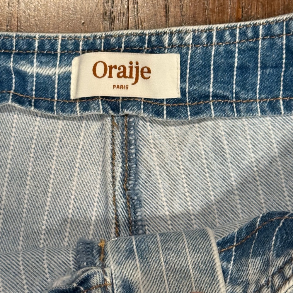 Oraije Paris Blue Striped High Waist Denim Shorts with Raw Hem - Picture 3 of 8